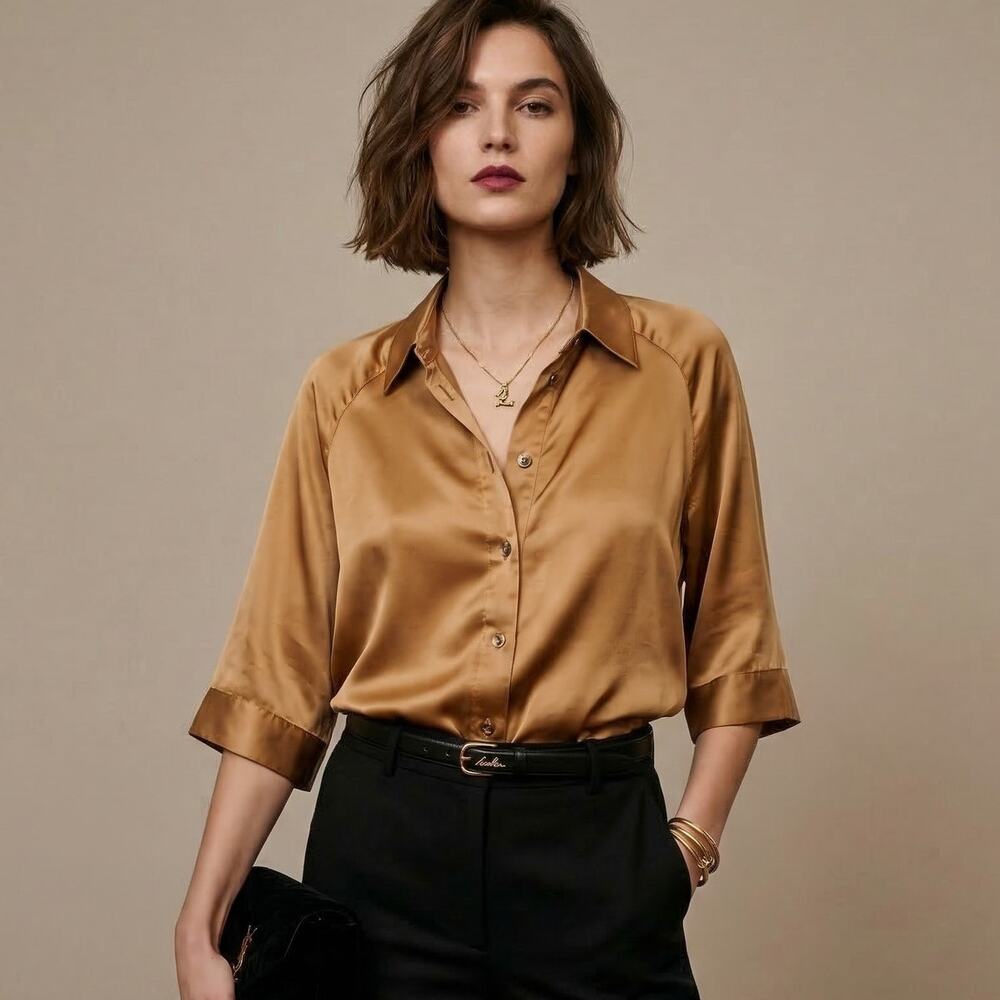 LOULOU Studio Short Sleeve Silk Datia Shirt in Brown size Large
